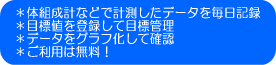 ＊体組成計などで計測したデータを毎日記録、＊目標値を登録して目標管理、＊データをグラフ化して確認、＊ご利用は無料！